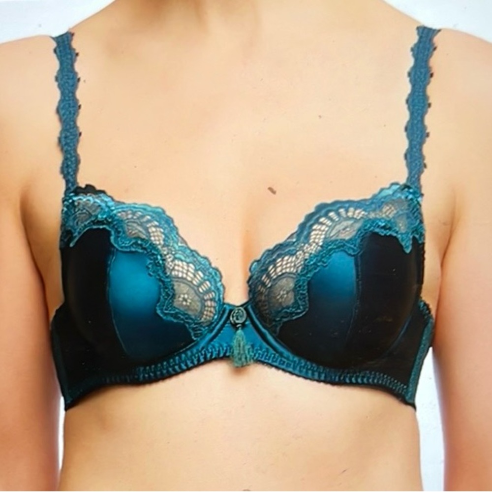 Dita Von Teese Starlift Balconette Lace Trim Teal Green Bra